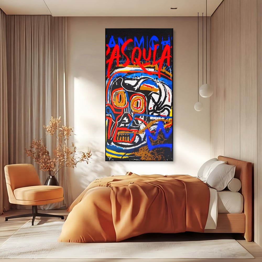 Tablou canvas cu tablou canvas cu portret stil graffiti, in rama de aluminiu negru, pe perete intr-un dormitor